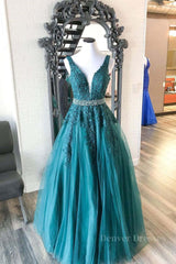 Formal Dress Elegant Classy, Green v neck tulle lace long prom dress, green formal dress