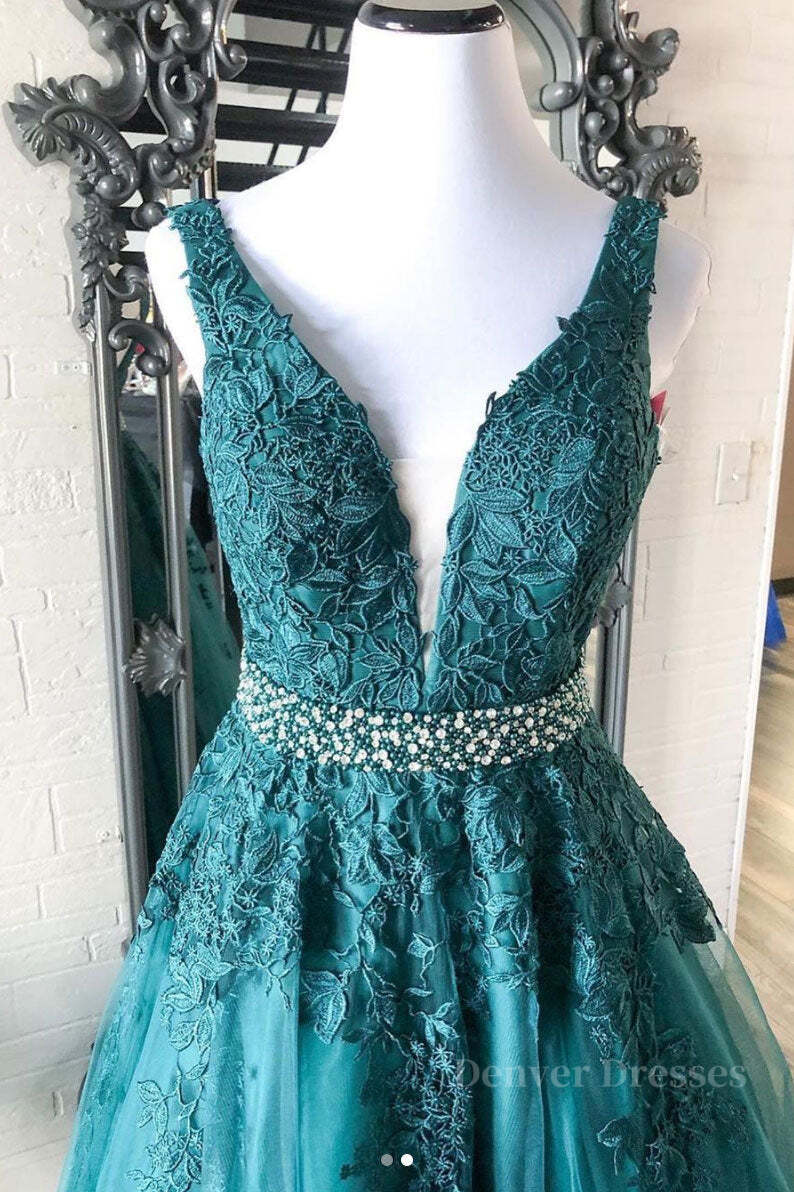 Formal Dress Short, Green v neck tulle lace long prom dress, green formal dress