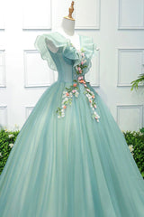 Bridesmaids Dresses Pink, Green V-Neck Tulle Long A-Line Prom Dress, A-Line Evening Formal Gown