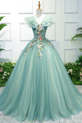 Bridesmaid Dress Pink, Green V-Neck Tulle Long A-Line Prom Dress, A-Line Evening Formal Gown