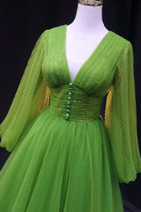 Prom Dresses With Sleeves, Green V-Neck Tulle Long Prom Dress, Long Sleeve Green Formal Evening Dress