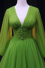 Prom Dresses Blue, Green V-Neck Tulle Long Prom Dress, Long Sleeve Green Formal Evening Dress