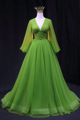 Prom Dresses Lace, Green V-Neck Tulle Long Prom Dress, Long Sleeve Green Formal Evening Dress