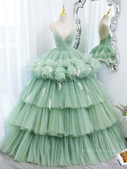 Prom Dresses Backless, Green v neck tulle long prom gown, green tulle sweet 16 dress