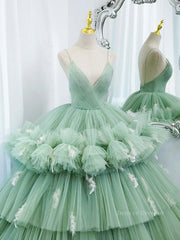 Prom Dress Backless, Green v neck tulle long prom gown, green tulle sweet 16 dress