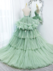 Prom Dress 2052, Green v neck tulle long prom gown, green tulle sweet 16 dress
