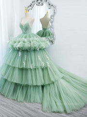 Prom Dresses Around Me, Green v neck tulle long prom gown, green tulle sweet 16 dress