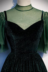 Party Dresses Long Dress, Green Velvet Long A-Line Prom Dress, Green Formal Evening Dress