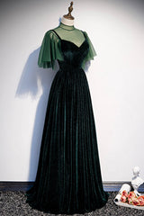 Party Dress Short, Green Velvet Long A-Line Prom Dress, Green Formal Evening Dress