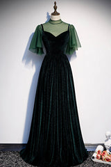 Party Dress Websites, Green Velvet Long A-Line Prom Dress, Green Formal Evening Dress