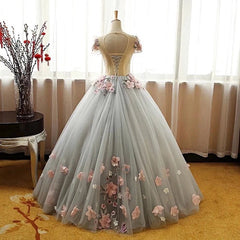 Fairy Dress, Grey Ball Gown 3D Flowers Princess Party Gown,Sweet 16 Quinceanera Dress Ball Gowns