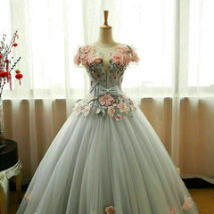 Yellow Dress, Grey Ball Gown 3D Flowers Princess Party Gown,Sweet 16 Quinceanera Dress Ball Gowns
