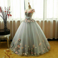 Emerald Green Prom Dress, Grey Ball Gown 3D Flowers Princess Party Gown,Sweet 16 Quinceanera Dress Ball Gowns