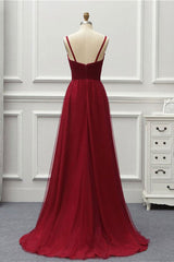 Bridesmaid Dress Elegant, A Line High Low Tulle Prom Dress with Train, Burgundy V Neck Backless Formal Dress