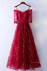 Evening Dress Long, Half Sleeves Burgundy Lace Prom Dresses, Wine Red Half Sleeves Long Lace Formal Evening Dresses