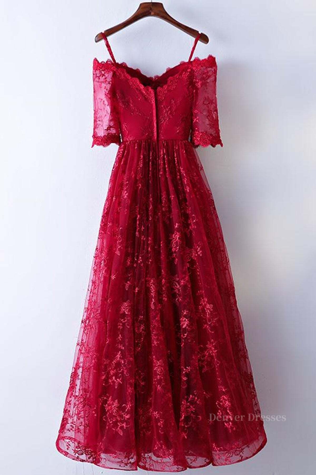 Evening Dress Boutique, Half Sleeves Burgundy Lace Prom Dresses, Wine Red Half Sleeves Long Lace Formal Evening Dresses