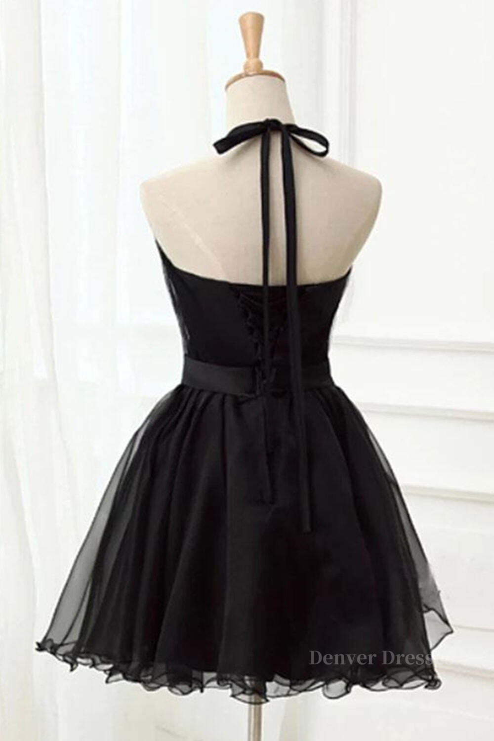 Prom Dressed 2053, Halter Neck Backless Black Short Prom Dress, Open Back Black Homecoming Dress