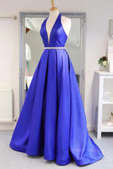 Prom Dress Ideas, Halter V Neck Backless Blue Long Prom Dresses with Belt, Backless Blue Formal Evening Dresses