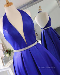 Prom Dresses Under 132, Halter V Neck Backless Blue Long Prom Dresses with Belt, Backless Blue Formal Evening Dresses