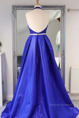 Prom Dress Under 132, Halter V Neck Backless Blue Long Prom Dresses with Belt, Backless Blue Formal Evening Dresses