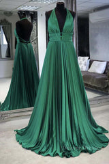 Tights Dress Outfit, Halter V Neck Backless Emerald Green Satin Long Prom Dress, Backless Emerald Green Formal Graduation Evening Dress