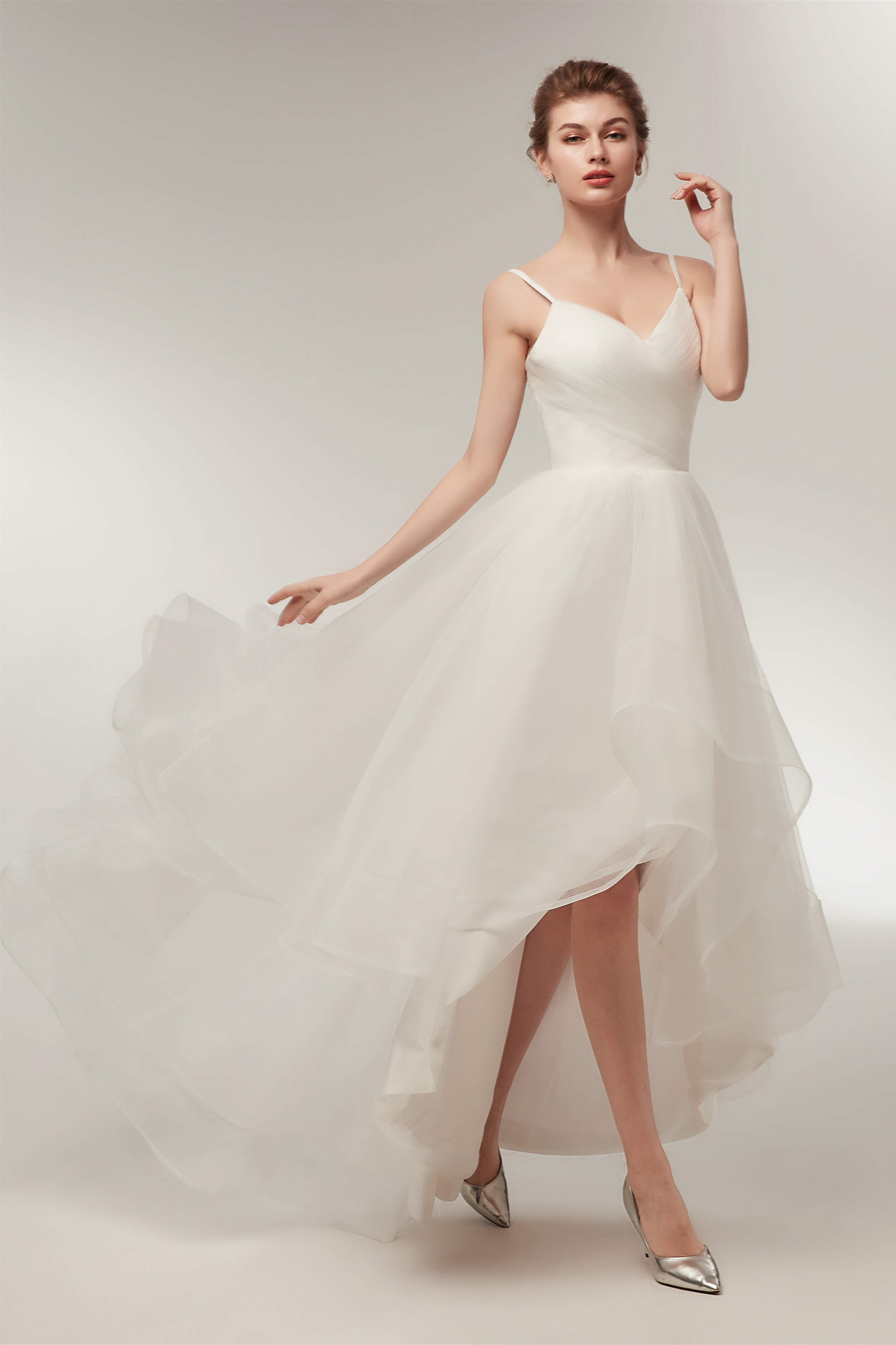 Wedding Dress Budget, High Low Spaghetti Straps Minimalist Design Wedding Dresses