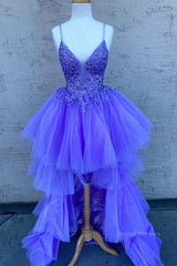 Evening Dresses 90045, High Low V Neck Purple Lace Long Prom Dress, Lilac Lace Formal Dress, Purple Evening Dress