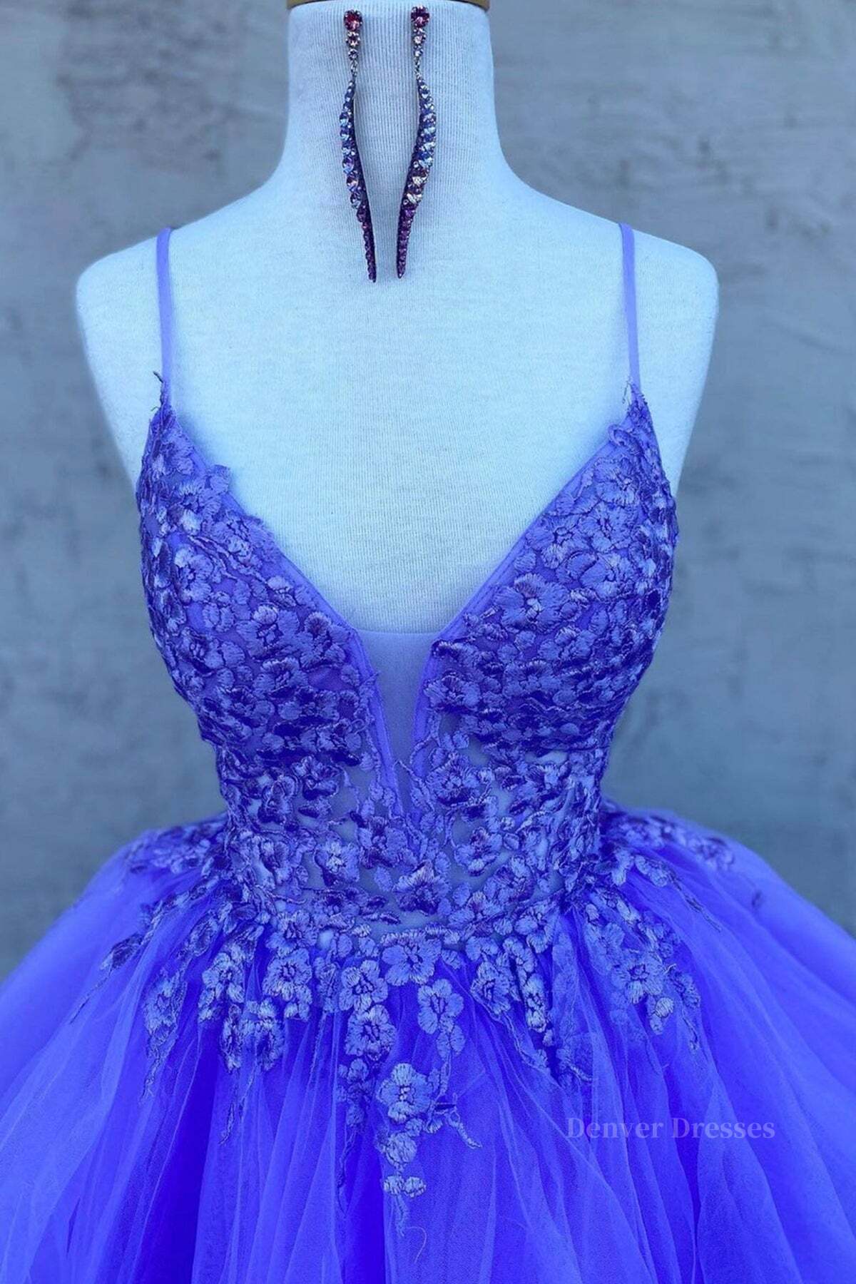 Evening Dress Wholesale, High Low V Neck Purple Lace Long Prom Dress, Lilac Lace Formal Dress, Purple Evening Dress