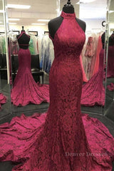 Trendy Dress Outfit, High Neck Backless Burgundy Lace long Prom Dress, Long Burgundy Lace Formal Evening Dress, Burgundy Ball Gown