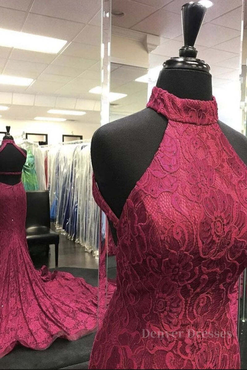Party Dresses With Boots, High Neck Backless Burgundy Lace long Prom Dress, Long Burgundy Lace Formal Evening Dress, Burgundy Ball Gown