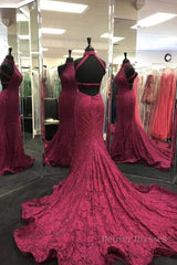 Prom Dress Red, High Neck Backless Burgundy Lace long Prom Dress, Long Burgundy Lace Formal Evening Dress, Burgundy Ball Gown