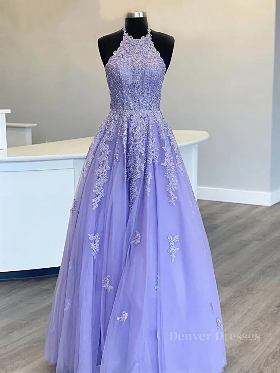 Bridesmaid Dresses Color Schemes, High Neck Long Purple Lace Prom Dresses, Purple Lace Formal Evening Dresses