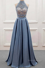 Women Dress, High Neck Two Pieces Blue Lace Long Prom Dress, 2 Pieces Blue Lace Formal Dress, Blue Evening Dress