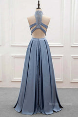 Maxi Dress Outfit, High Neck Two Pieces Blue Lace Long Prom Dress, 2 Pieces Blue Lace Formal Dress, Blue Evening Dress