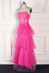 Party Dresses Prom, Hot Pink Long Tulle Prom Dresses, Hot Pink Long Tulle Formal Evening Dresses