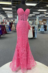 Party Dress Shops Near Me, Hot Pink Mermaid Lace Prom Dresses, Hot Pink Mermaid Lace Formal Evening Dresses