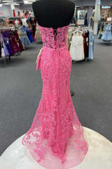 Party Dress Fancy, Hot Pink Mermaid Lace Prom Dresses, Hot Pink Mermaid Lace Formal Evening Dresses