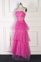 Homecoming Dresses 2027, Hot Pink Spaghetti Straps A-Line Tulle Tiered Long Party Dress