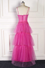 Homecoming Dress 2020, Hot Pink Spaghetti Straps A-Line Tulle Tiered Long Party Dress