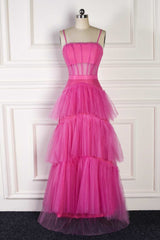 Homecomming Dress Long, Hot Pink Spaghetti Straps A-Line Tulle Tiered Long Party Dress