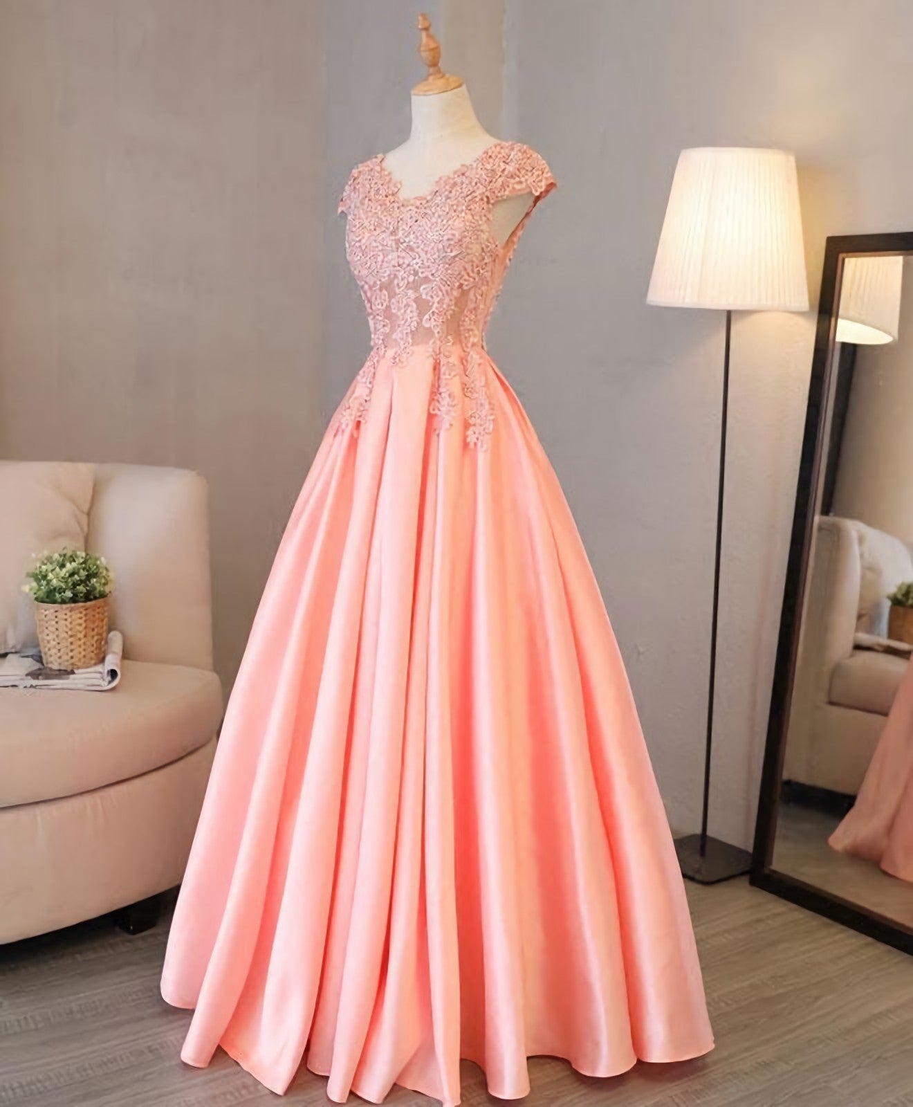 Prom Dresses Prom Dresses, Custom Made V Neck Lace Long Prom Dress, Lace Evening Dress