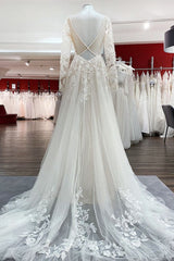 Wedding Dress Cheaper, Ivory A-line Tulle Long Sleeves Lace Appliques Open Back Wedding Dresses