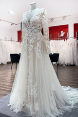Wedding Dress Cheap, Ivory A-line Tulle Long Sleeves Lace Appliques Open Back Wedding Dresses