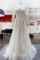 Wedding Dresses Cheaper, Ivory A-line Tulle Long Sleeves Lace Appliques Open Back Wedding Dresses