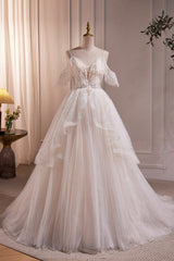 Party Dresses Weddings, Ivory V Neck Beaded Straps Party Dress, Ivory Floor Length Prom Dress