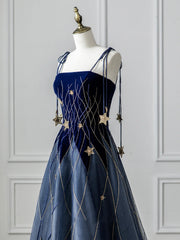 Bridesmaid Dress Ideas, Blue Spaghetti Strap Velvet Long Prom Dress with Star, Blue Evening Dress Party Dress