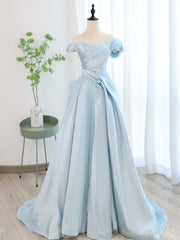 Bridesmaid Dresses Spring, Blue Satin Tulle Long Prom Dress, Off Shoulder Formal Evening Dress