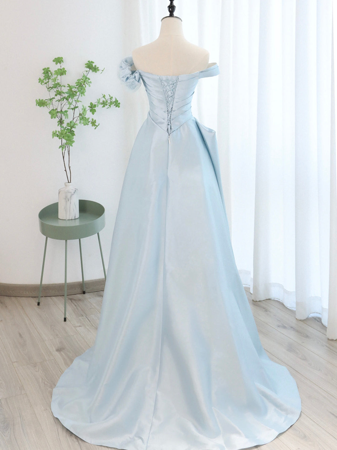 Bridesmaid Dresses With Sleeves, Blue Satin Tulle Long Prom Dress, Off Shoulder Formal Evening Dress