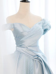 Bridesmaid Dresses Summer, Blue Satin Tulle Long Prom Dress, Off Shoulder Formal Evening Dress