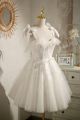 Evenning Dress For Wedding Guest, Champagne Tulle Lace Knee Length Prom Dress, Cute A-Line Party Dress